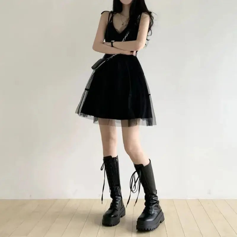 Y2k Black Mesh Women's Ball Gown Dresses 2025 New Sleeveless Strapless V-neck Party Sexy Mini Dress for Womens