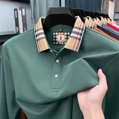 Men's Plaid Long Sleeve Polo Shirt Autumn Winter Casual Office Outdoor Fashion Top Commercial Collar Trendy Men's Clothing
