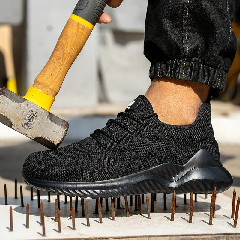 Men‘s Safety Shoes with Steel Toe Puncture Proof Anti-smash Work Sneakers Lightweight Breathable Black Sneakers for Construction