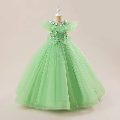 Summer Flower Embroidery Party Bridesmaid Girls Dresses Elegant Tulle Birthday Princess Dress Girls Bow Wedding Prom Kids Clothe
