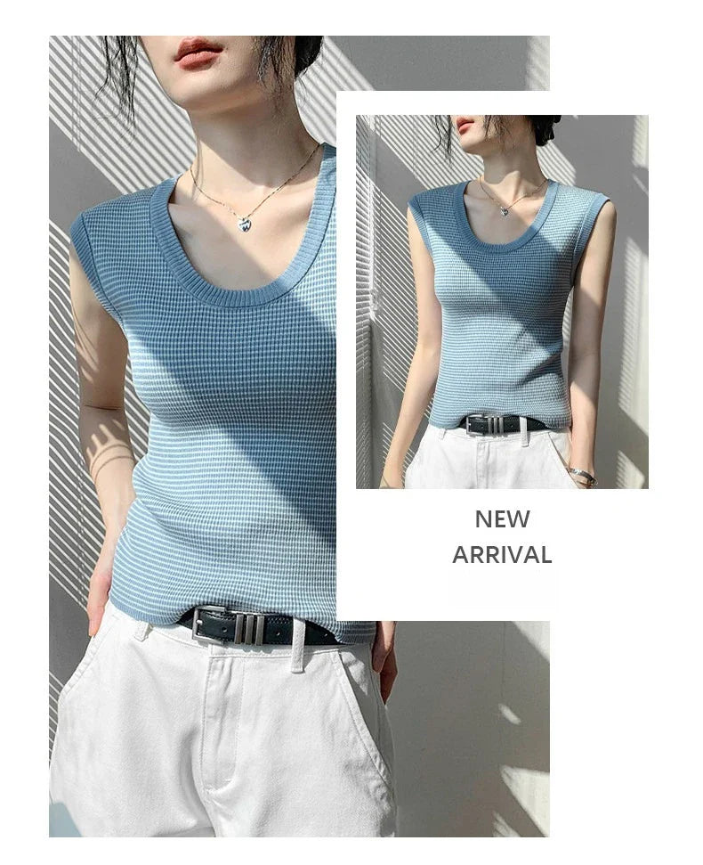 2026 Spring Summer O-Neck Striped Vest Top Simple Slim Fit Sleeveless Casual Versatile Women's Tank Top