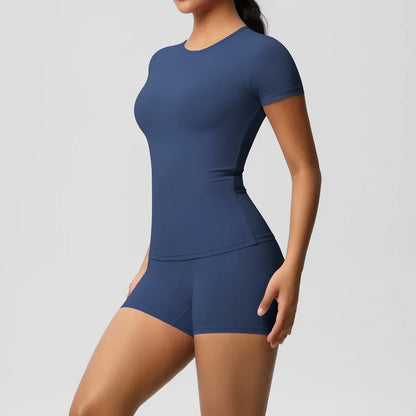 2PC Quick-Drying Gym Leggings Set Summer Short Sleeve Breathable Stretchy GYM Yoga Slim Fitness Active Top Women's cycling short