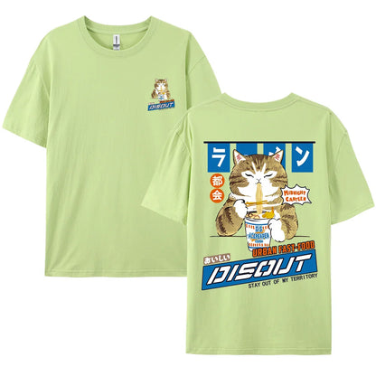 Harajuku Cat Cartoon Eating Noodles Graphic Men Women Tshirts Casual Short Sleeve Tees Japan Style Oversized T Shirt Clothing