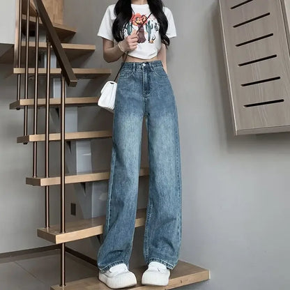 American Style Black Grey Wide-Leg Jeans For Women
