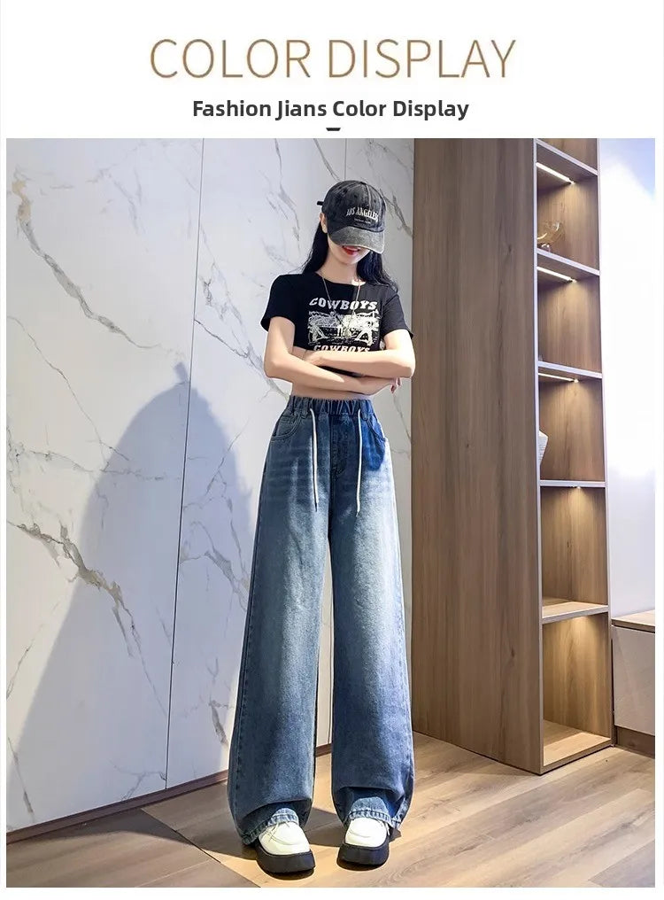 Calça Jeans Feminina Plus Size Folgada Cintura Alta Perna Larga Azul Claro Elástico na Cintura Cordão Calças Outono Moda Plus Size