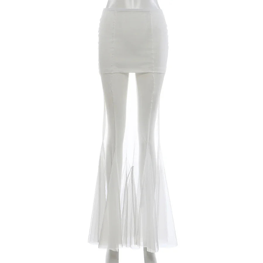 Mesh Patchwork Long Skirt Woman Summer Trend Elastic Waist Skinny Peach Hip Hot Girls Street Elegant Fashion Style Bottom