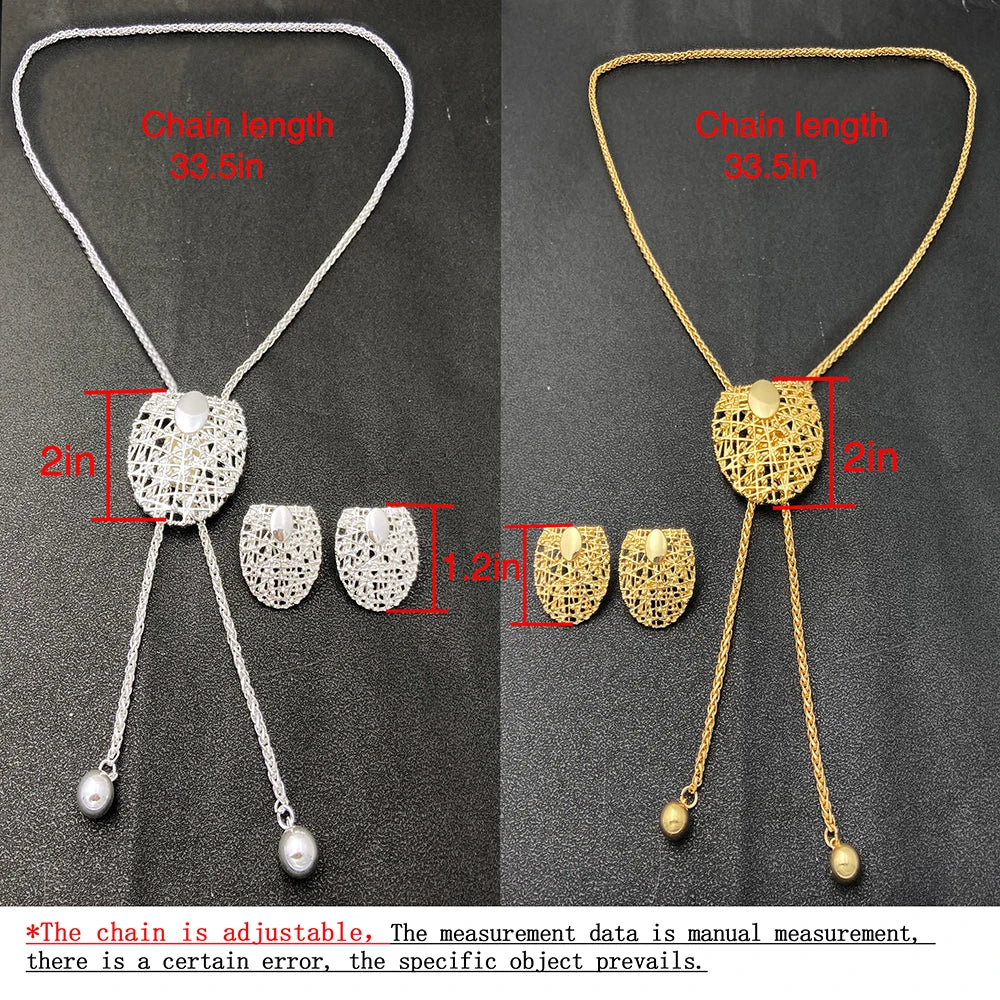 18K Gold Plated Necklace And Earrings For Women Set 85cm Long Chain Dubai Gold Color Silver Color Jewelry Adjustable Length 3pcs