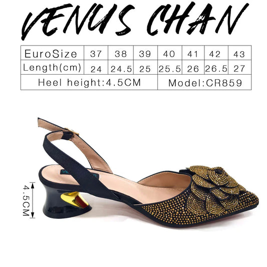 Shoes for Women Pointed-Toe Large Flower Decoration Rhinestone Low Heel Italian Design Black Color Shoes and Bags Set