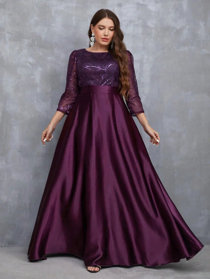 Neck long sleeve sequin patchwork satin long gown ball dress Party dress Bridesmaid dress
