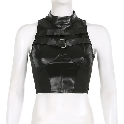 Punk Style Leather PU Patchwork Crop Tops Women Grunge Biker Sleeveless Corset Tank Top Streetwear Dark Academia Vest