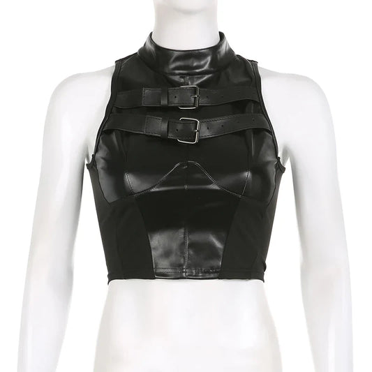 Punk Style Leather PU Patchwork Crop Tops Women Grunge Biker Sleeveless Corset Tank Top Streetwear Dark Academia Vest