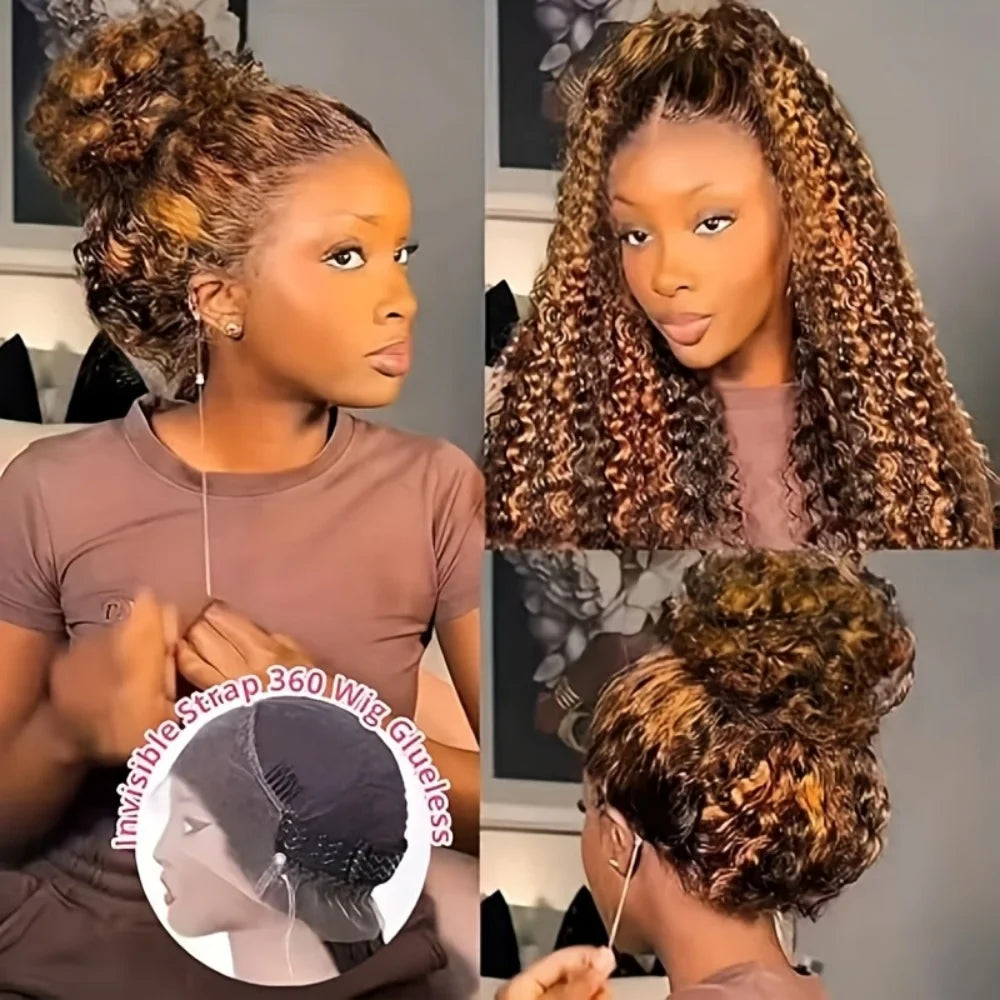 4/27 Curly Highlight Wig Human Hair Preplucked 360 Full Lace Front Wig HD Human Hair Ready to Wear Deep Wave Human Wig for Women