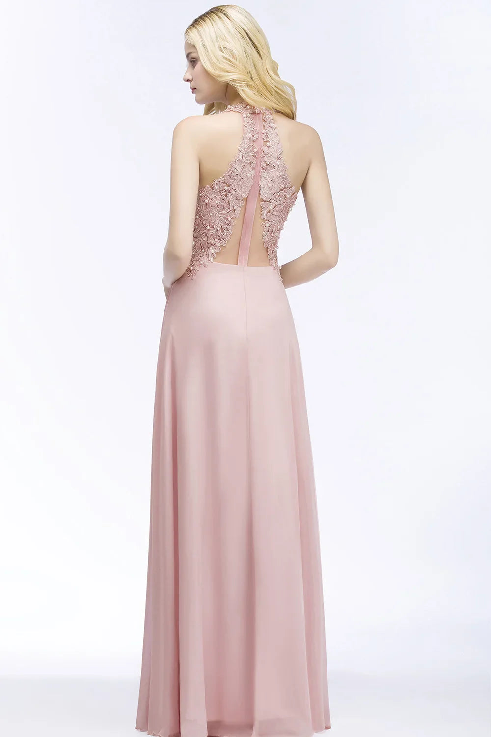 Dusty Pink Halter V-neck Lace Pearls Wedding Evening Dresses Long Dress Hollow Out Chiffon Elegant Party Dresses For Women 2024