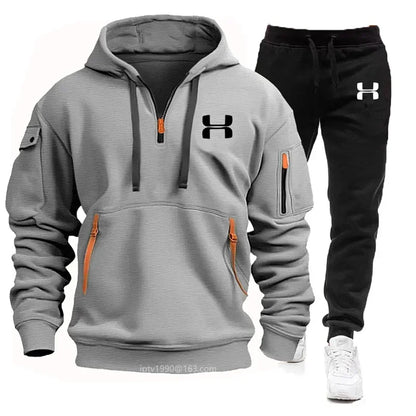 Men's autumn and winter new zipper long sleeved hooded sweatshirt, sports and casual pants, two-piece fitness jogging suit