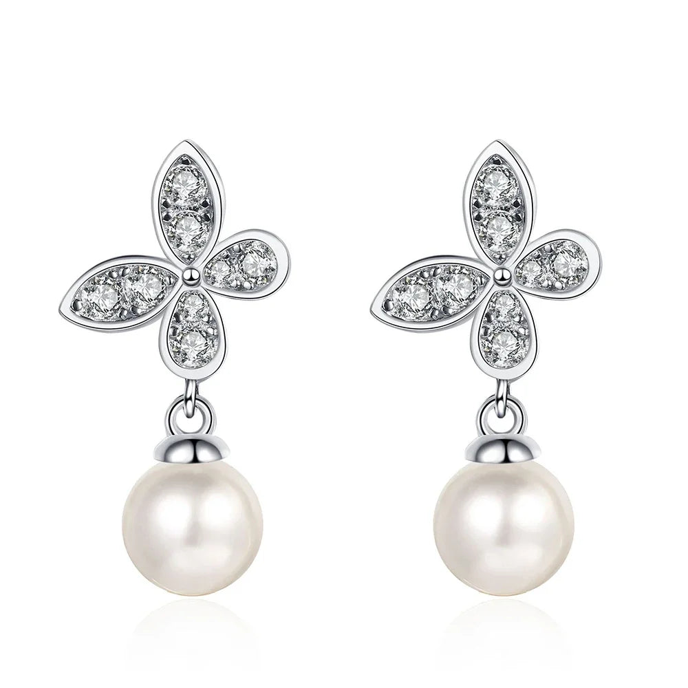 Butterfly Moissanite Diamond Drop Earrings with 8mm Freshwater Pearl 925 Sterling Silver Stud Earring for Women Fine Jewelry