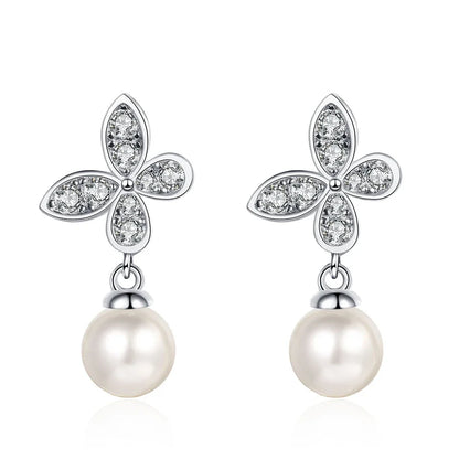 Butterfly Moissanite Diamond Drop Earrings with 8mm Freshwater Pearl 925 Sterling Silver Stud Earring for Women Fine Jewelry