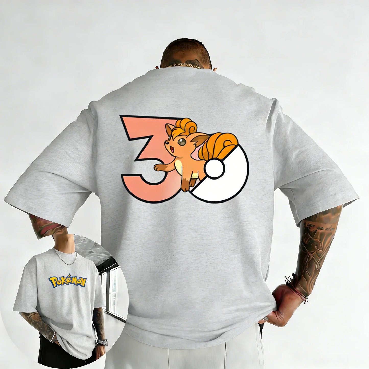 30th Anniversary Vulpix Printed T-shirt Summer New Men's and Women's Loose Casual Hip Hop Trendy Short Sleeve Top