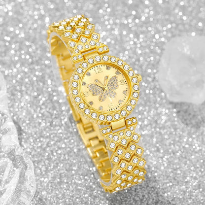 5PCS Fashion Rhinestone Butterfly Dial Women Quartz Watch Elegant Ladies Bracelet Wristwatch Jewelry Set Reloj Mujer（Without Box