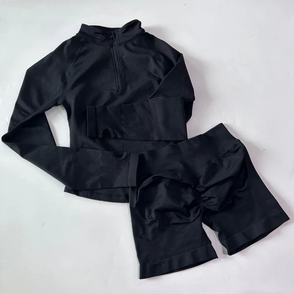 No Logo 2pcs Long Sleeve Yoga Set Women Half Zippy Jacket Longline Sports Top Gym Shorts Fitness Suits Running Coats Workout Set