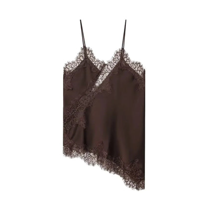Women Elegant Polka Dot Lace Slip Tops Asymmetrical Hem Tanks Camis Summer Lady Sexy Lace Splicing Club Party Tops Camisole