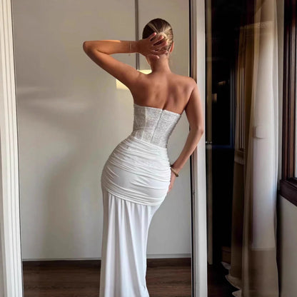 Women's Evening Dress Luxury Elegant Velvet White Long One-piece Dress Gown Sequins Birthday Cocktail Party Dresses