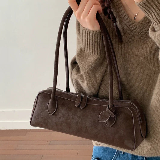 Vintage Suede Long Shoulder Bag 2026 New Women Shoulder Bag Luxury Ladies Handbag Female Commuter Shopping Underarm Bag