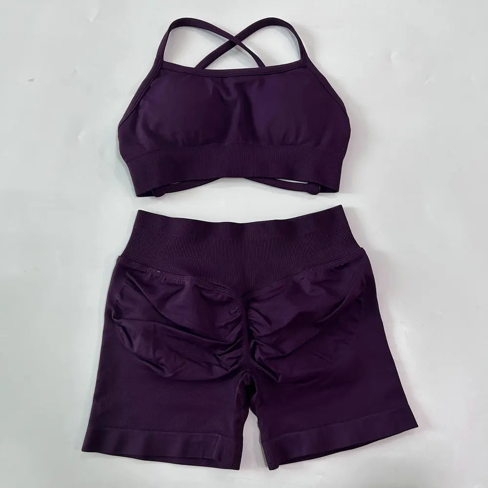 No Logo Women 2 Pieces Yoga Set Cross Straps Bra Beautiful Back Tops High Waist Sport Short Scrunch Bum Workout Short Gym Suit