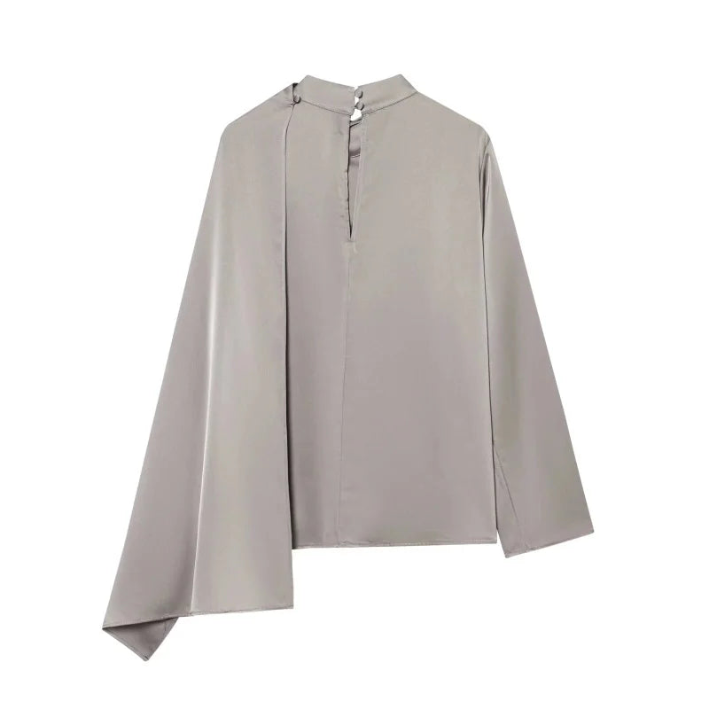 2026 Spring new women's elegant fashion shawl design satin drape top asymmetric wrinkled long-sleeved shirt
