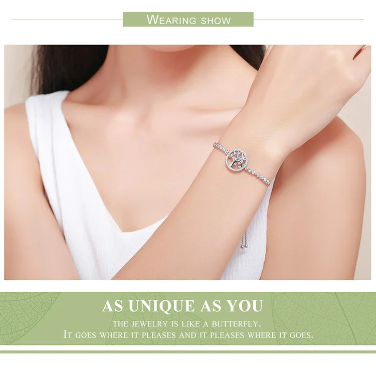 925 Sterling Silver Tree of Life CZ Tennis Bracelet Women Adjustable Bolo Bracelet Fine Jewelry SCB035