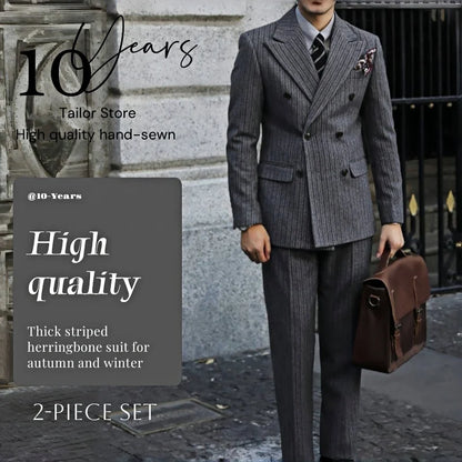 New Thick Style Stripes Herringbone Pattern Men's 2-Piece Suit Double-Breasted Slim Fit Jacket Trousers Vintage Braze Suit