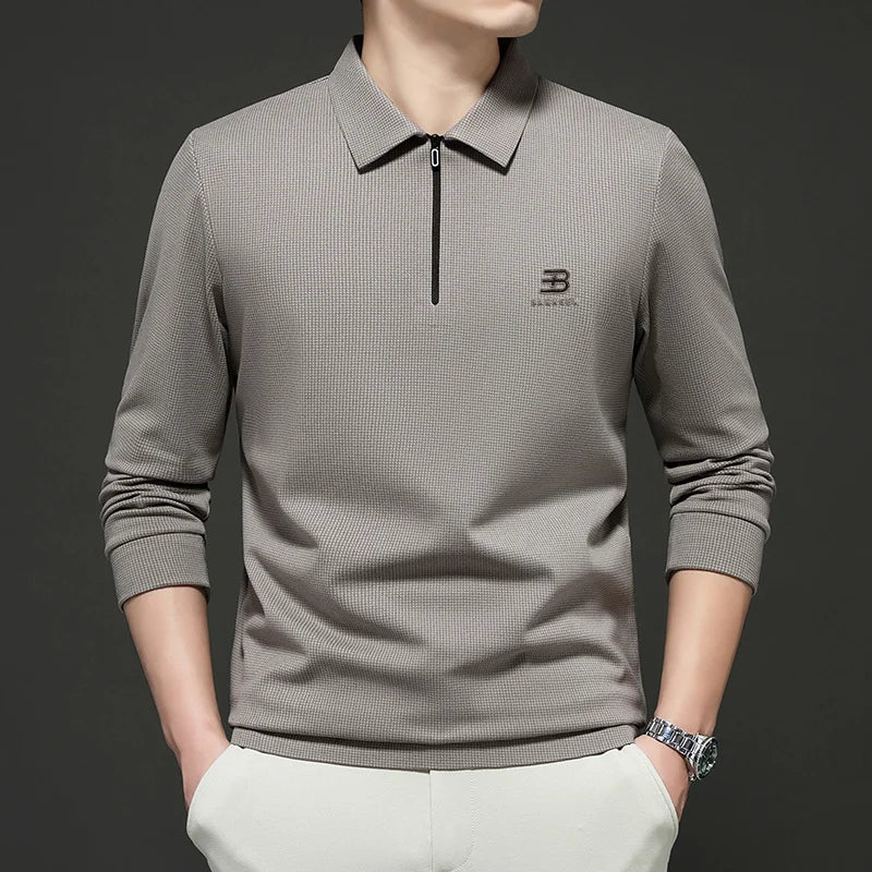 High Quality Polo Shirtspring and Autumn Long Sleeved Men's T-shirt Printed Pattern New Business Casual Solid Color Loos T-shirt
