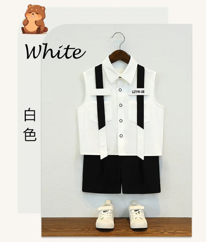 Boys British Sleeveless Shirt Shorts Formal Dress Kids Summer Solid Color Blazer Clothes Sets Children Tuxedo Toddler Costumes