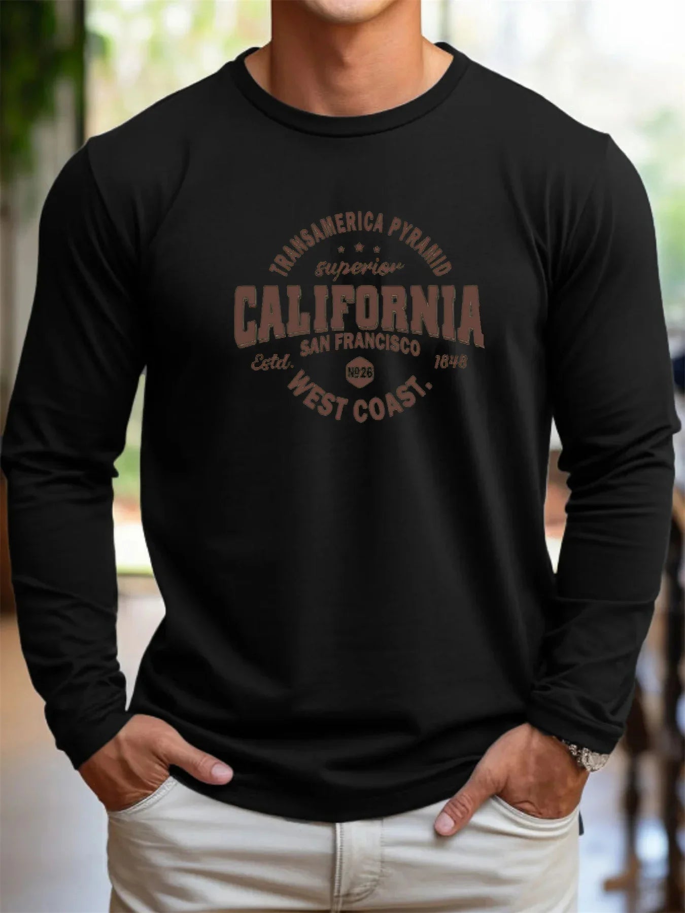 Men's 100% pure cotton loose and comfortable sports and leisure California letter printed round neck long sleeved T-shirt top