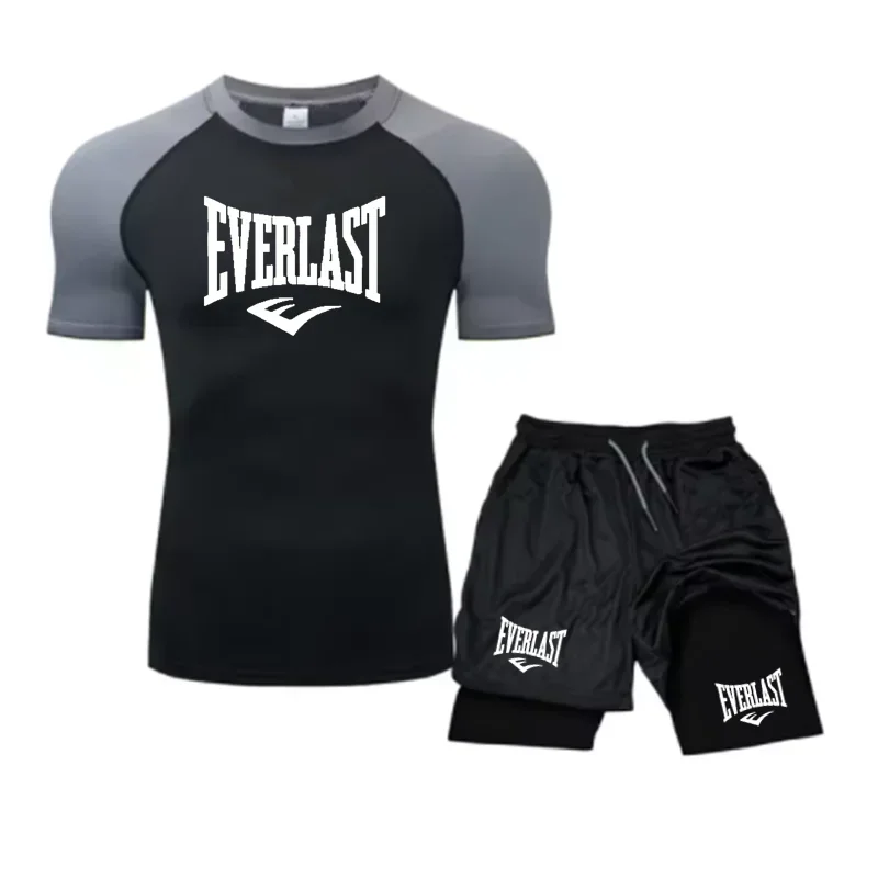 Men's Compress Shirt + 2-in-1 sports shorts 2pcs Set Leisure Breath Short Sleeve Sport Jogging Gym Brand Print Clothing