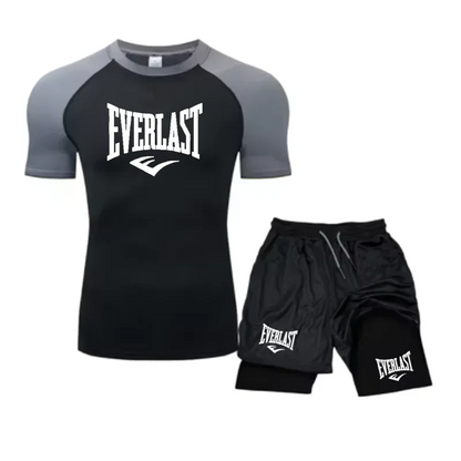 Men's Compress Shirt + 2-in-1 sports shorts 2pcs Set Leisure Breath Short Sleeve Sport Jogging Gym Brand Print Clothing