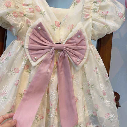 New Summer Princess Girls Dress Full Print Roses Flowers Pearl Inlay Decoration Puff Sleeve Bow Mesh Tutu Party Dresse For Kids