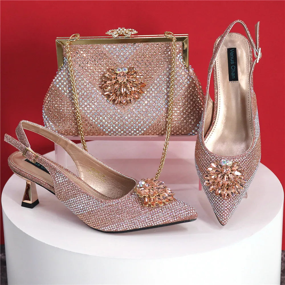 Italian Design Rhinestone Luxury Green Colour Pointed Toe Shoe & Bag Set Women's High Heels for Parties High Quality