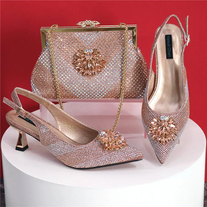 Italian Design Rhinestone Luxury Green Colour Pointed Toe Shoe & Bag Set Women's High Heels for Parties High Quality
