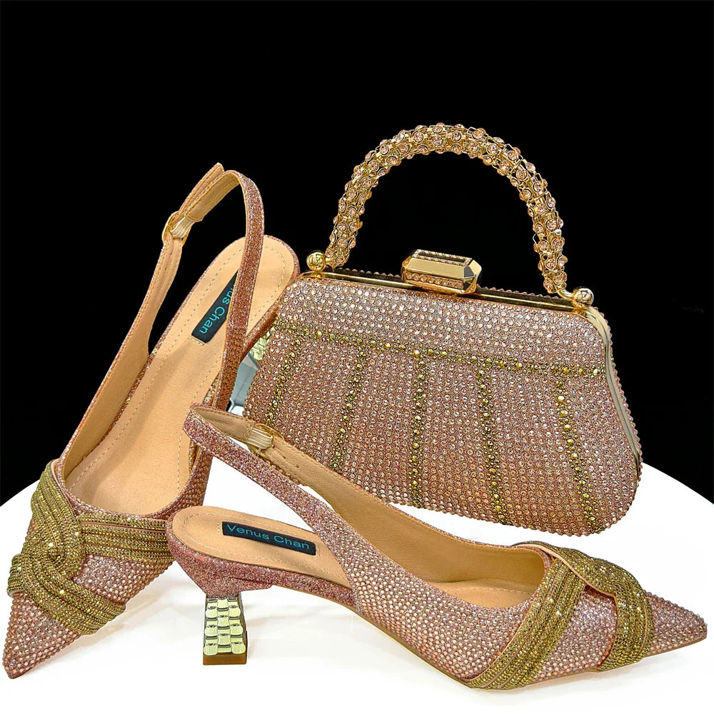 Nigerian Heel Party for Women Shoes and Bag Set Champagne Colour Rhinestone Handbag Italian Design Wedding INS 2024
