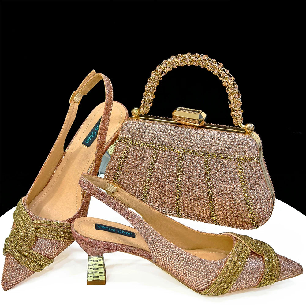 Nigerian Heel Party for Women Shoes and Bag Set Champagne Colour Rhinestone Handbag Italian Design Wedding INS 2024