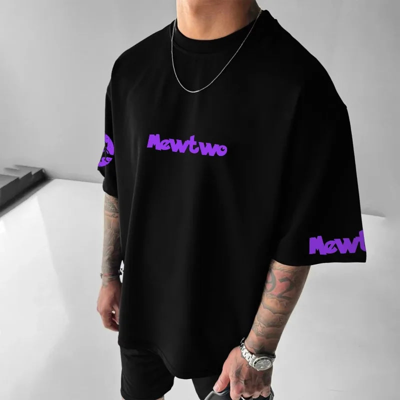 Plus Size T-shirt 2025 Summer Men's Street Trend Animation Mewtwo Printing Casual Versatile Harajuku