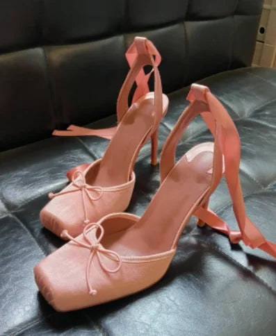 New style high heels with straps, satin toe cover, hollow square bow, thin heel, ballet style single shoes35-46