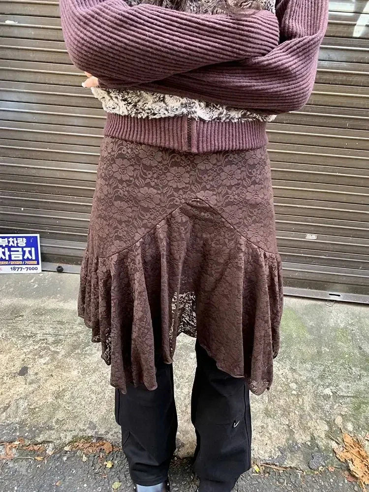 Japanese Vintage Jacquard Lace Skirt Pants Women High Waist Layered Skirt Y2k Asymmetrical Skirt 2025 Spring Clothing
