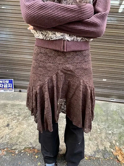 Japanese Vintage Jacquard Lace Skirt Pants Women High Waist Layered Skirt Y2k Asymmetrical Skirt 2025 Spring Clothing