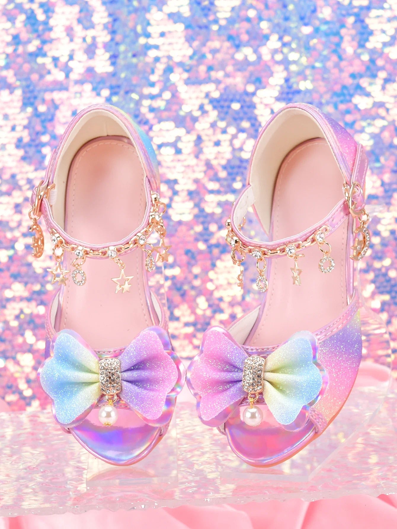 Girls' Fashion Rainbow Glitter High Heel Shoes, Children Dress Up Pageant Runway Performance Party Sandals