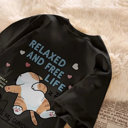 Cute Cartoon Lazy Cat Letter Print Summer Couple Short Sleeved T-shirt Loose Casual Women's Top