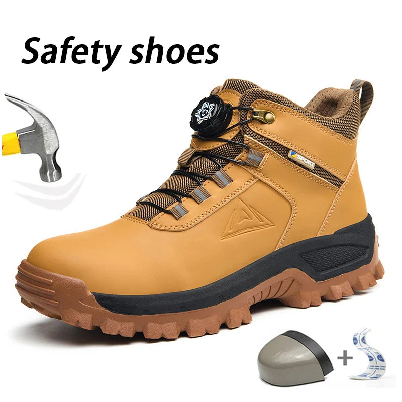 Brown Waterproof Safety Boots Men Indestructible Steel Toe Work Boots Anti-smash Stab-resistant High-top Knob Adjustable
