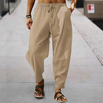 Men spring Summer Cotton Linen Waist Wide-Leg Trousers Men Solid Elastic Waist Streetwear Joggers New Baggy Casual long Trousers