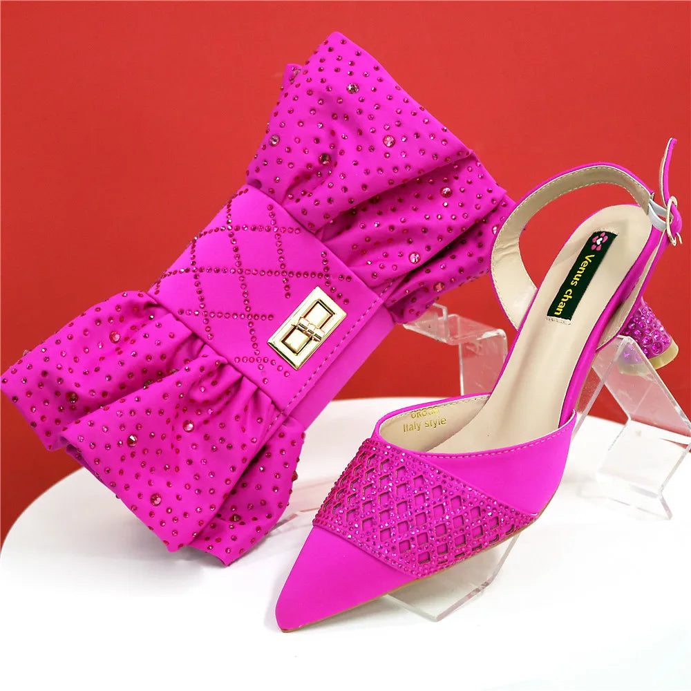 Latest Women Italian Shoes and Matching Bags Decorated with Rhinestone Elegant Pointed Toe Wedding Shoes Bride