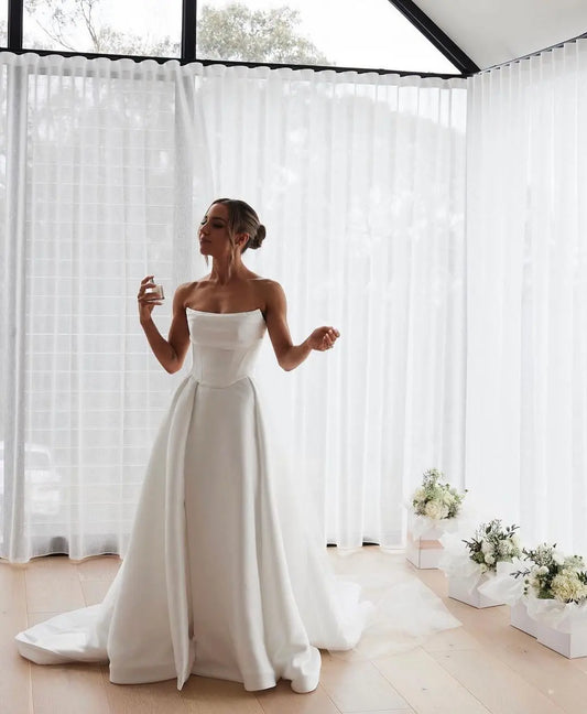High Quality Pleat Satin A LIine Princess Wedding Dresses Side Slit Split Wedding Gown vestido de noiva 2024